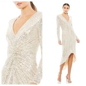 NWT IEENA for MAC DUGGAL Nude Silver Sequin Knotted Long Sleeve Midi Dress Women